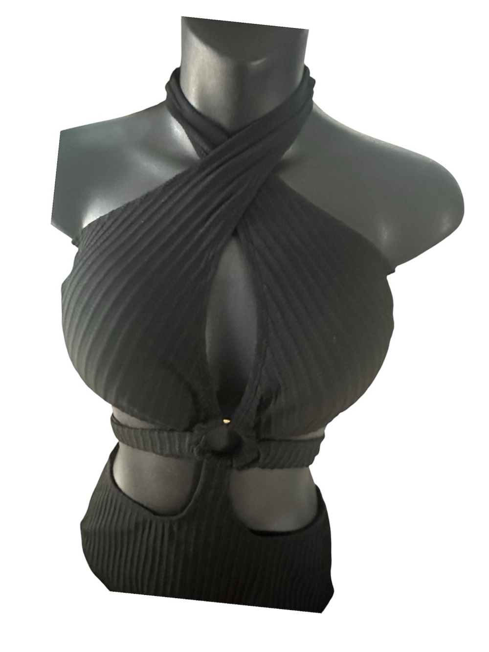 Black Ribbed Halter Cutout Crop Top